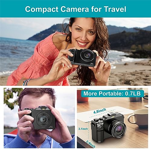 Camera for Photography, 4K Digital Camera Anti-Shake 48MP Compact Video Camera with 18X Digital Zoom, Travel Autofocus WiFi Vlogging Camera Point and Shoot Camera with 32GB TF Card, 2 Batteries