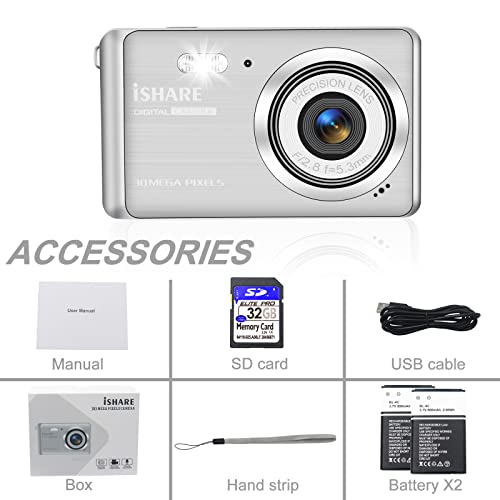 Digital Camera, Rechargeable 30MP Point and Shoot Camera with 32GB SD Card 18X Digital Zoom, Compact Camera for Kids Teens Aldults Elders (Silver)
