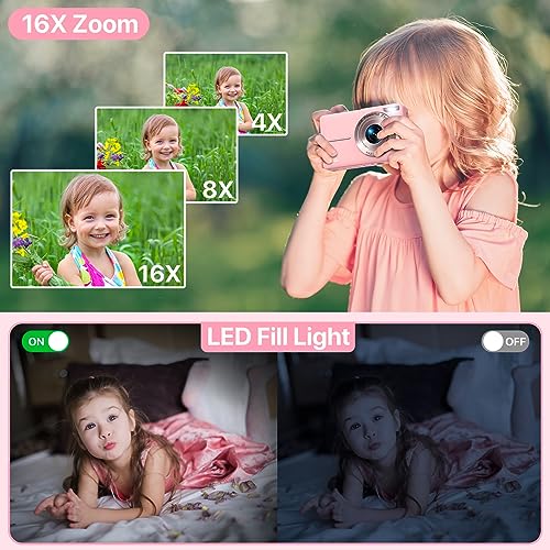 Pink 44MP FHD 1080P Kids Camera with 16X Zoom