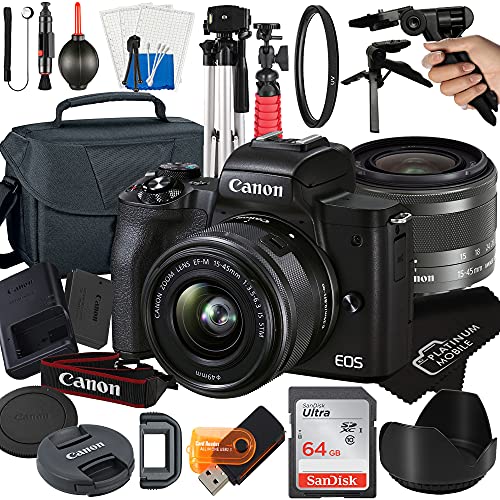 Canon EOS M50 Mark II Mirrorless Digital Camera with 15-45mm STM Zoom Lens+Platinum Mobile Accessory Bundle Package Includes SanDisk 64GB Card,Tripod,Case and More (21pc Bundle) (Renewed)
