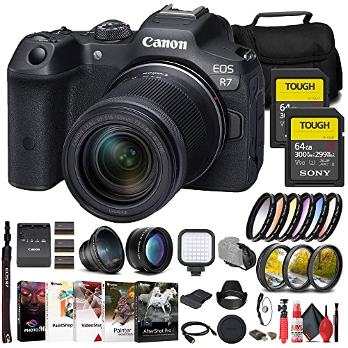 Canon EOS R7 Mirrorless Camera with 18-150mm Lens (5137C009) + 2 x Sony 64GB Tough SD Card + Filter Kit + Wide Angle Lens + Telephoto Lens + Color Filter Kit + Lens Hood + Bag + More (Renewed)