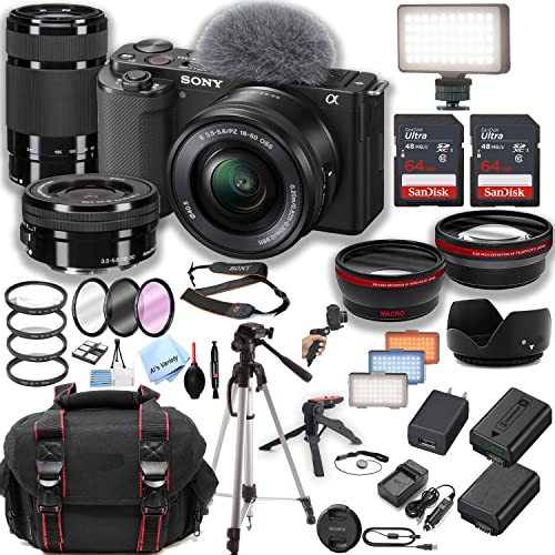 Sony ZV-E10 Mirrorless Camera with16-50mm & 55-210mm Zoom Lenses + 2pcs 64GB Memory + LED Video Light + Case+ Tripod + Steady Grip Pod + Filters + Macro + 2X Lens + 2X Batteries + More (Renewed)