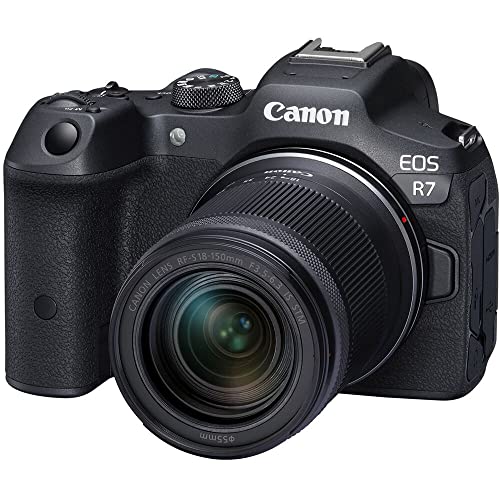 Canon EOS R7 Mirrorless Camera with 18-150mm Lens (5137C009) + 2 x Sony 64GB Tough SD Card + Filter Kit + Wide Angle Lens + Telephoto Lens + Color Filter Kit + Lens Hood + Bag + More (Renewed)