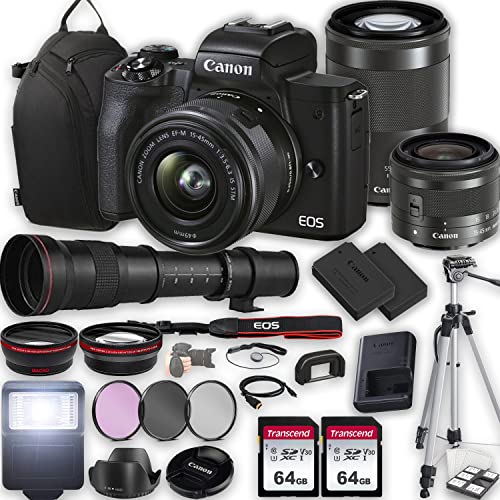 Canon EOS M50 Mark II Mirrorless Camera w/EF-M 15-45mm f/3.5-6.3 is STM + EF-M 55-200mm f/4.5-6.3 is STM + 420-800mm f/8.3 HD Lenses + 2X 64GB Memory + Case + Filters + Tripod + More (35pc Bundle)