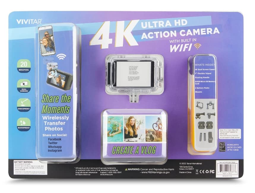 Vivitar 4K Action Camera Bundle - Dual Screens, WiFi