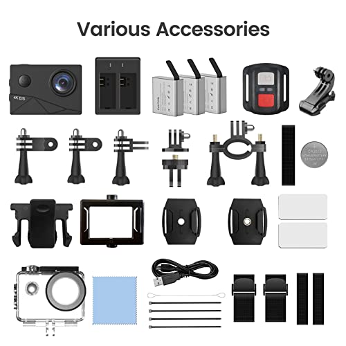 Waterproof 4K Action Camera w/3 Batteries & Accessories