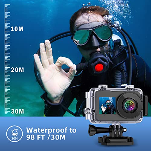 Hivvtui 4K 30FPS Action Camera, Ultra HD Underwater Camera, Sports Camera Remote Control,98FT/30M Waterproof Camera WiFi 170 Degree Wide Angle Dual Screen Helmet Accessories with 32G SD Card