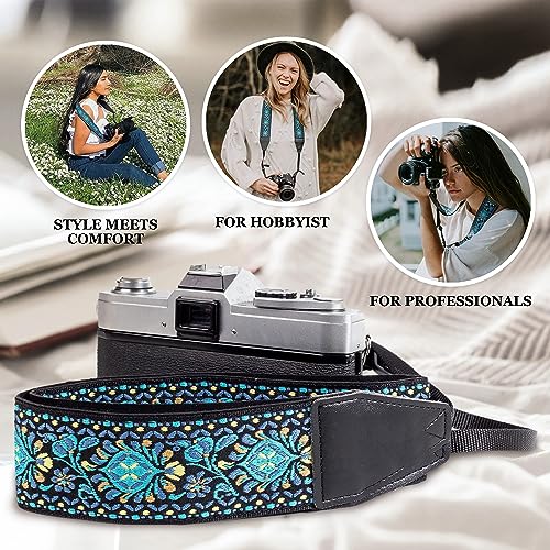 Art Tribute Blue Woven Vintage Camera Strap For All DSLR Camera. Embroidered Elegant Universal Neck & Shoulder Strap, Floral Pattern, Great Photographer Gift for Men & Women Photographers