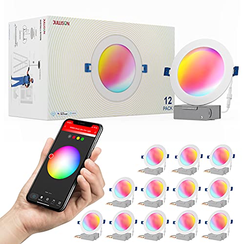 JULLISON 6 Inch LED Smart Slim Recessed Pot Light, WiFi APP& Voice Control, 120V, 13W, 1000LM, RGB + 2700K-6000K, ETL& FCC & IC Rated, Wet Location, Compatible With Alexa/Google Home, White - 12 Packs