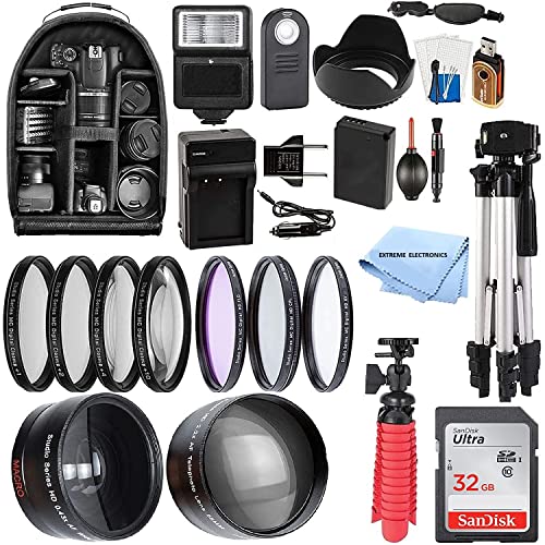 58mm Accessory Bundle for Canon EOS Rebel T7, T6, T5, T3, T100, 4000D, 2000D, 3000D and More with 32GB SanDisk Memory Card, Wide Angle Lens, Telephoto Lens, Tripod, Backpack W/Extreme Elec Cloth