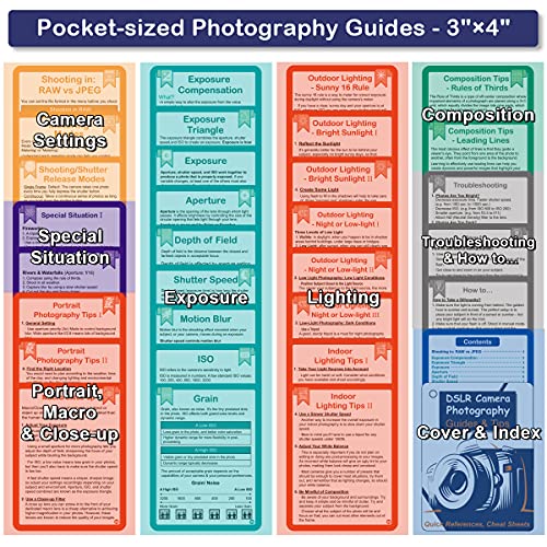 Photography Accessories DSLR Cheat Sheet Cards for Canon, Nikon, Sony, Camera Accessories Quick Reference Cards Photography Guides & Tips: Settings, Exposure, Modes, Composition, Lighting etc 4×3 inch