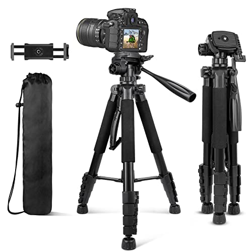 Aureday 74’’ Camera Tripod with Travel Bag,Cell Phone Tripod with Wireless Remote and Phone Holder, Compatible with DSLR Cameras,Cell Phones,Projector,Webcam,Spotting Scopes(Black)