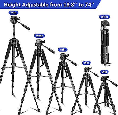 Aureday 74’’ Camera Tripod with Travel Bag,Cell Phone Tripod with Wireless Remote and Phone Holder, Compatible with DSLR Cameras,Cell Phones,Projector,Webcam,Spotting Scopes(Black)