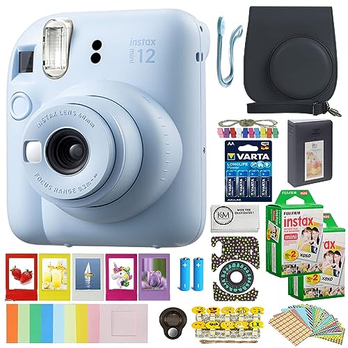 FUJIFILM INSTAX Mini 12 Instant Film Camera | Pastel Blue Bundled with INSTAX Mini Instant Film | 40 Exposures + Instax Black Accessories + AA Batteries + Cleaning Cloth (12 Items)