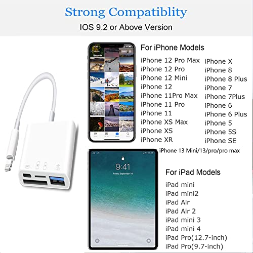 Lightning to SD Card Reader for iPhone,USB Camera Adapter 4 in 1 USB Female OTG Adapter Compatible SD/TF Card, Memory Card Reader Portable USB 3.0 Adapter,Sd Card Adapter with Fast Charging Port