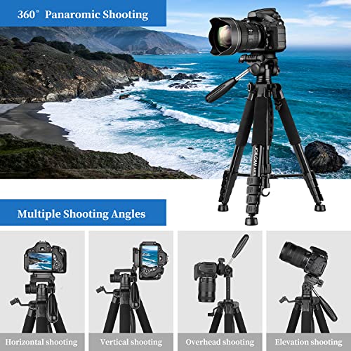 Tripod Camera Tripods, 74" Tripod for Camera Cell Phone Video Photography, Heavy Duty Tall Camera Stand Tripod, Professional Travel DSLR Tripods Compatible with Canon Nikon iPhone, Max Load 15 LB