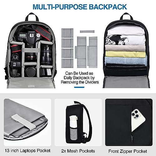 EMART Camera Backpack with Removable Padded Dividers and Rain Cover, Camera Bag for SLR DSLR Mirrorless, Waterproof Camera cases for Sony Canon Nikon, Tripod, 13" Laptop (Only Camera Backpack)