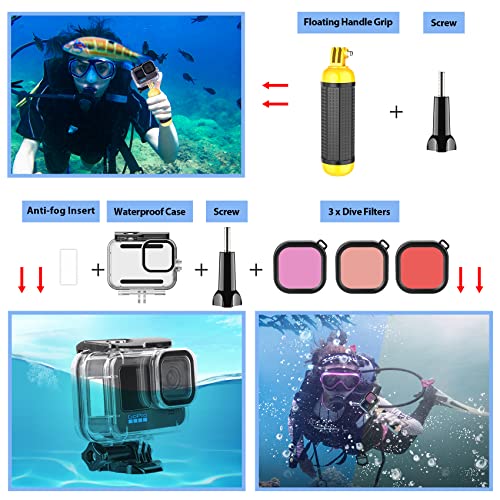 HONGDAK Action Camera Accessories Kit for GoPro Hero 11 10 9 Black, Waterproof Housing+Silicone Case+3-Way Adjustable Arm+Head Chest Wrist Strap+Bike Mount+Suction Cup+Floating Grip Bundle Set 63 in 1