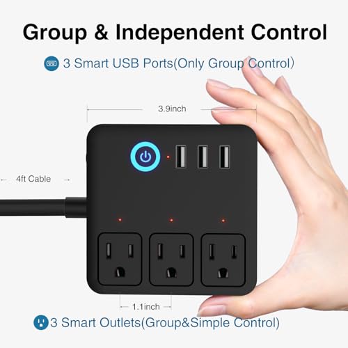 GHome Smart Power Strip, 3 USB Ports and 3 Individually Controlled Smart Outlets, WiFi Surge Protector Works with Alexa Google Home, Home Office Cruise Ship Travel Multi-Plug Extender Flat Plug, 10A