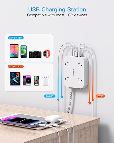 5ft Flat Plug Power Strip with 4 USB Ports