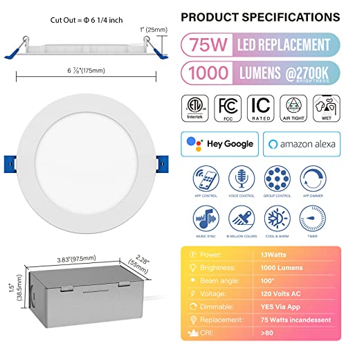 JULLISON 6 Inch LED Smart Slim Recessed Pot Light, WiFi APP& Voice Control, 120V, 13W, 1000LM, RGB + 2700K-6000K, ETL& FCC & IC Rated, Wet Location, Compatible With Alexa/Google Home, White - 12 Packs