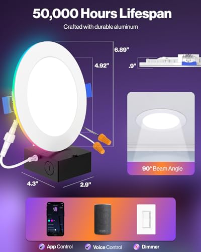 6-Pack Smart LED Recessed Ceiling Lights, Tunable CCT