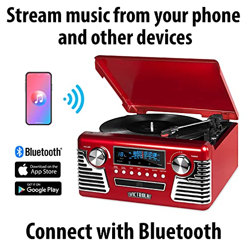 Victrola 50's Retro Bluetooth Record Player & Multimedia Center with Built-in Speakers - 3-Speed Turntable, CD Player, AM/FM Radio | Vinyl to MP3 Recording | Wireless Music Streaming | Red