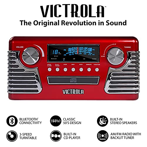 Victrola 50's Retro Bluetooth Record Player & Multimedia Center with Built-in Speakers - 3-Speed Turntable, CD Player, AM/FM Radio | Vinyl to MP3 Recording | Wireless Music Streaming | Red