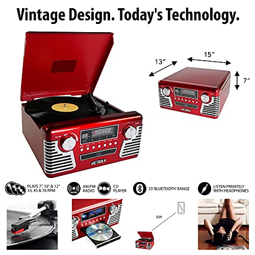 Victrola 50's Retro Bluetooth Record Player & Multimedia Center with Built-in Speakers - 3-Speed Turntable, CD Player, AM/FM Radio | Vinyl to MP3 Recording | Wireless Music Streaming | Red