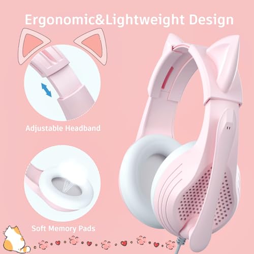 Pink Gaming Headset with Microphone, 3D Sound, Memory Foam
