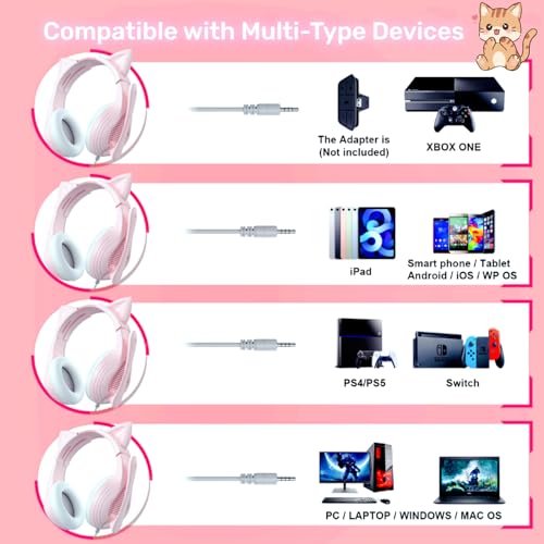 Pink Gaming Headset with Microphone, 3D Sound, Memory Foam