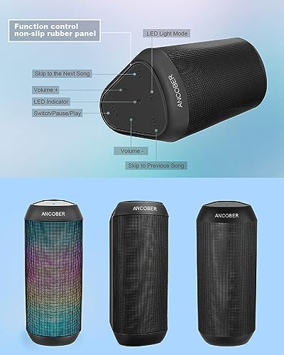 ANCOBER Portable Bluetooth Speaker with Stereo Sound & LED