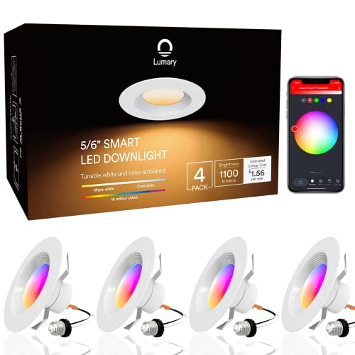 iLintek Lumary Smart LED Can Lights 5/6 Inch, 2.4 GHz WiFi Retrofit RGB Color Changing Recessed Lighting, 13W 1100LM Metal Baffle Trim Downlight, Work with Alexa/Google Assistant/Siri 4 Pcs
