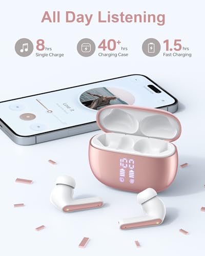 Pink Wireless Earbuds Bluetooth Headphones 40H Playtime