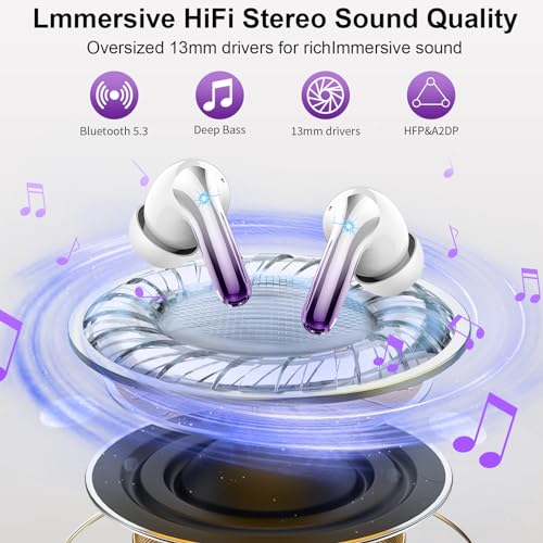 Purple-Silver Wireless Earbuds, Bluetooth 5.3, HiFi Stereo
