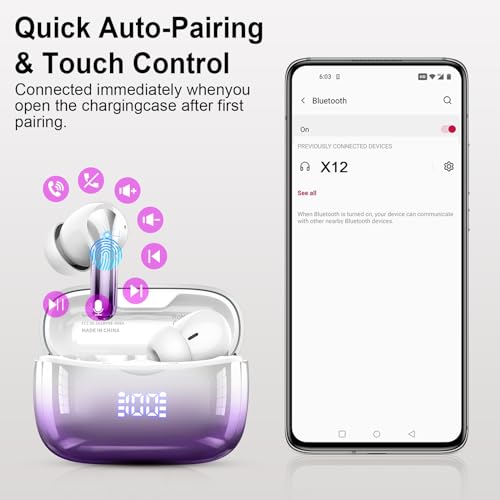 Purple-Silver Wireless Earbuds, Bluetooth 5.3, HiFi Stereo