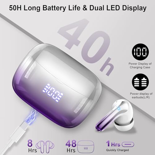 Purple-Silver Wireless Earbuds, Bluetooth 5.3, HiFi Stereo