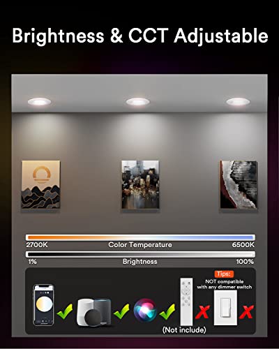 iLintek Lumary Smart LED Can Lights 5/6 Inch, 2.4 GHz WiFi Retrofit RGB Color Changing Recessed Lighting, 13W 1100LM Metal Baffle Trim Downlight, Work with Alexa/Google Assistant/Siri 4 Pcs