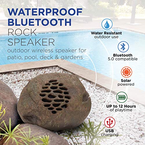 Alpine Corporation Weather-Resistant Bluetooth Solar-Powered Outdoor Wireless Rock Speaker – Set of 2
