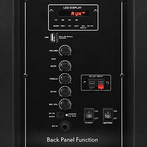 Pyle Wireless Portable PA Speaker System -1200W High Powered Bluetooth Compatible Indoor&Outdoor DJ Sound Stereo Loudspeaker wITH USB MP3 AUX 3.5mm Input, Flashing Party Light & FM Radio -PPHP1544B