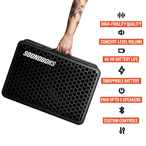 SOUNDBOKS Go - Loud Portable Bluetooth Performance Speaker (121 dB, Small, Wireless, Powerful Bass, 40Hr Runtime, Swappable Battery, Outdoor, Party, Mini Boombox, Subwoofer, Splashproof)