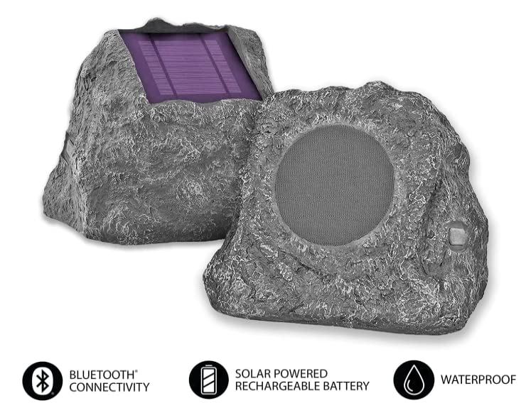 Innovative Technology Outdoor Rock Speaker Pair - Wireless Bluetooth , for Garden, Patio, Waterproof, Built for all Seasons & Solar Powered with Rechargeable Battery, Music Streaming - Charcoal