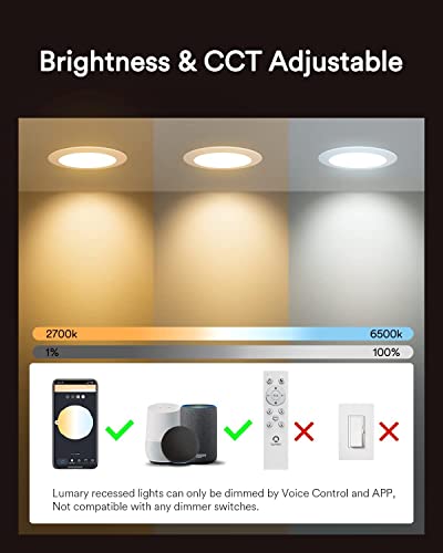 Lumary Smart Recessed Lighting 6 inch,WiFi Recessed Lights for Soffit, Canless Wafer Downlight with Junction Box, Work with Alexa/Google Assistant, 13W 1100LM,Kitchen, Easy installation (6 Inch-4PACK)