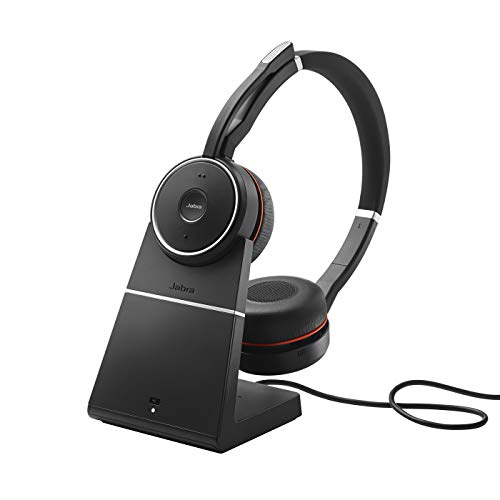 Jabra Evolve 75 UC Wireless Headset, Stereo – Includes Link 370 USB Adapter and Charging Stand – Bluetooth Headset with World-Class Speakers, Active Noise-Cancelling Microphone, All Day Battery