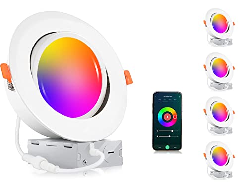CLOUDY BAY [4 Pack] 6 inch Gimbal Smart WiFi LED Recessed Lights,RGBCW Color Changing,Compatible with Alexa and Google Home Assistant,No Hub Required,15W 2700K-6500K, IC Rated