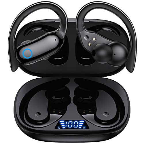 GNMN Bluetooth Headphones Wireless Earbuds 48hrs Playback IPX7 Waterproof Earphones Over-Ear Stereo Bass Headset with Earhooks Microphone LED Battery Display for Sports/Workout/Gym Black