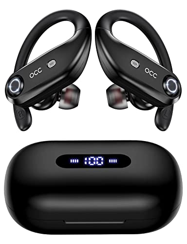 occiam Wireless Earbuds Bluetooth Headphones 100H Playback 4 Mics Clear Call Waterproof 2200mAh Wireless Charging Case Over Ear Buds in-Ear Earphones with Earhooks for Sports Running Workout Black