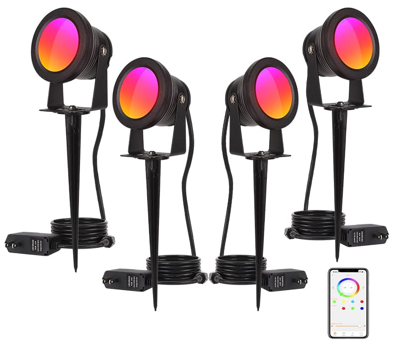 Smart Spotlight Outdoor,15w Backyard Lights with US Plug,12V APP Control Colored LED Spotlights Waterproof,Dimmable LED Yard Light with Timer,Outdoor LED Flood Lights with Music Sync(NO Remote Inside)