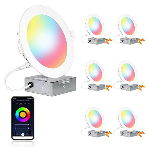6 Inch Smart Wi-Fi Ultra Slim LED Recessed Lighting, RGBW Color Changing Tunable White LED Downlight with Junction Box, 14w=100w, 1200lm, Compatible with Alexa and Google Assistant - 6 Pack