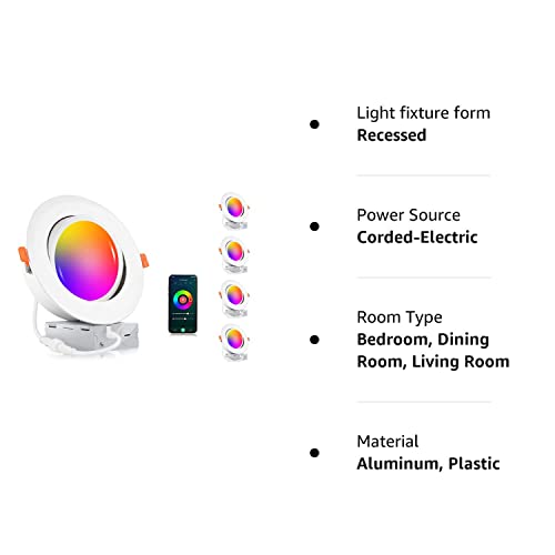CLOUDY BAY [4 Pack] 6 inch Gimbal Smart WiFi LED Recessed Lights,RGBCW Color Changing,Compatible with Alexa and Google Home Assistant,No Hub Required,15W 2700K-6500K, IC Rated